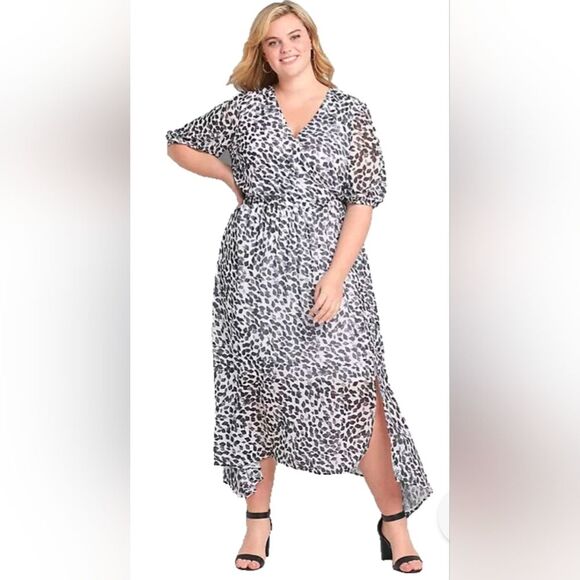 Lane Bryant White Black Diamond Leopard Print Maxi Dress Brushstroke Wrap Sz 24 - Picture 1 of 10